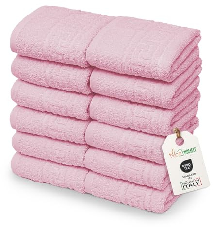 nice homeit Set med 12 minihanddukar 30 x 30 cm – ansiktshanddukar och gäster 100 % ringspunnen bomull – för händer, bebisar, smink, kök, hem och resor. Lätt, mjuk, absorberande, rosa