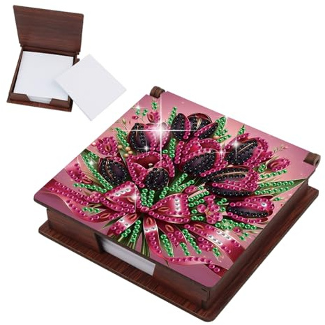 JICFDAO 5D Diamond Painting Boîte à Notes en bois 11x11cm Peinture Diamant Boîte de Rangement pour Notes avec 160 Bloc Papier Boite pour Bloc-Notes pour Bureau et Maison Bouquets Fleurs Violettes