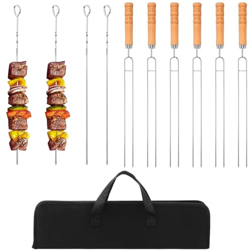 Lot de 10 brochettes de barbecue en acier inoxydable - 40 cm - Réutilisables - Avec poignée en bois antidérapante - Portables - Avec sac en toile - Passent au lave-vaisselle - Noir