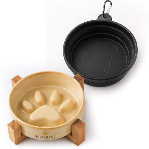 2 Ceramic Slow Feeder Dog Bowls for Small & Medium Dogs – Heavy Puzzle Maze Ceramic Dog Bowl for Fast Eaters to Stop Bloat, Vomiting & Choking – Non-Slip, Healthier and Easy-to-Clean