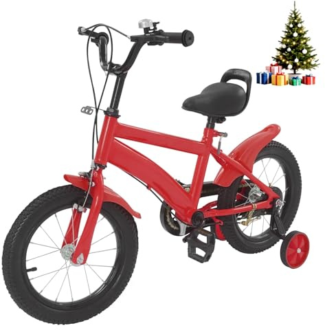 HUOMMGS Vélo enfant 14 pouces amélioré pour enfants à partir de 3 à 6 ans - Avec roues stabilisatrices - Hauteur réglable - Vélo pour jeunes et débutants - Pour garçons et filles (rouge)