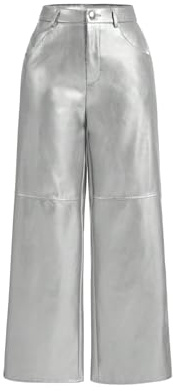 MakeMeChic Women's Leather Pants High Waist Wide Leg Pants Elastic Straight Party Trousers with Pockets Silver Medium