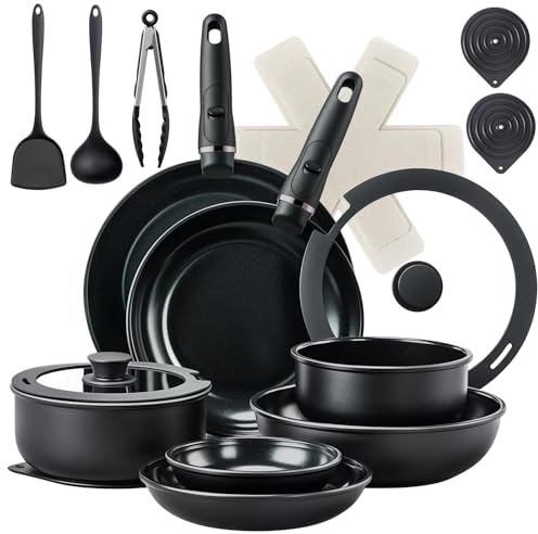 LEADZM Batterie de Cuisine Induction，Casserole Induction，poele，Set de Casseroles et Poêles en Céramique Antiadhésif - 23 Pièces avec Poignées Détachables（Noir）