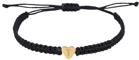 PATIKIL Heart Initial Bracelets for Men, Adjustable Handmade Rope Braided Initial String Bracelets for Women Men Matching Couple Gifts Friendship(Black, T)