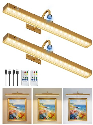 Luz Inalambrica Para Cuadros,Lampara de Pared sin cable con Batería de 6000mAh y Sensor de Movimiento,Regulable con 3 Temperaturas de Color,Temporizador, Mando a Distancia Para Galerías(2 Pack)