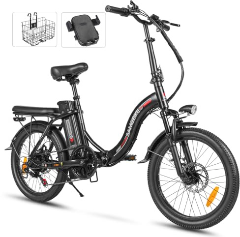 SAMEBIKE 20 Folding Electric Bike for Adults with 36V13AH Removable Battery,Powerful Electric Bicycle, 70km Range & 25km/h,7-Speed Commuter Ebike,Free Front Basket & Phone Holder (Black)
