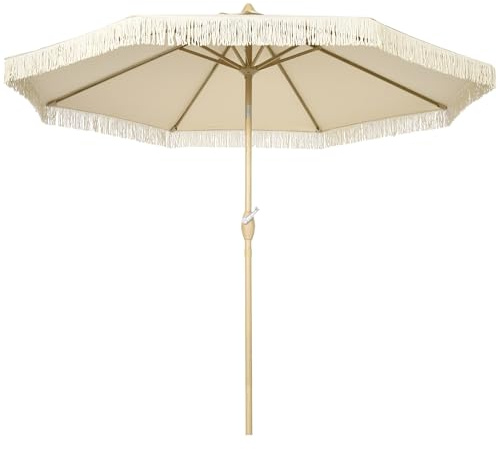 Outsunny Sombrilla Terraza Exterior, Ø265x244 cm, Sombrilla de Jardín con Ángulo Ajustable, Manivela, Flecos de Estilo Boho, Impermeable, Parasol para Patio, Terraza, Crema
