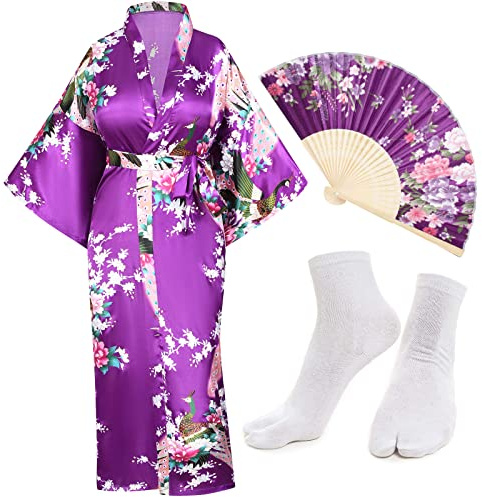 Heone Japanese Long Kimono Satin Peacock Printed Lightweight Cardigan Jacket Coat Loose Yukata Cloak Bathrobe Tops folding fans Tabi Socks Set(Dark Purple S-L)