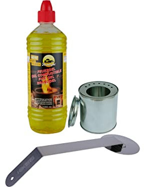 HEKERS Brenngel Starter-Set - 1 x 1L Brenngel - 1 x Nachfülldose mit Deckel und Sparplatte - 1 x Flammenstopper - Gelkamin Tischfeuer Indoor und Outdoor