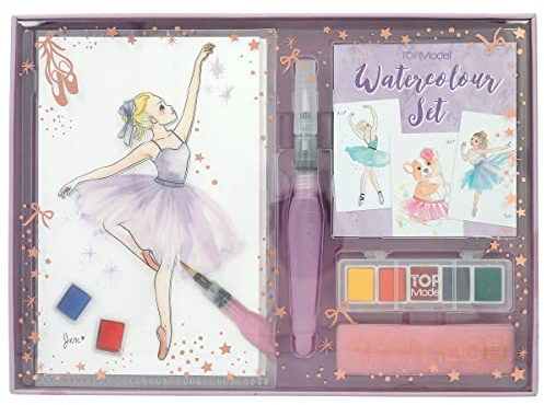 Depesche 12248 TOPModel Ballet – Kit de peinture aquarelle avec 20 feuilles de motifs sur papier aquarelle, kit de peinture créatif avec 5 couleurs aquarelle, stylo pinceau et éponge