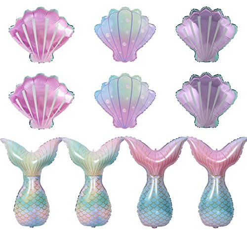 Finypa 10pc Mermaid Balloons - Seashell Mylar Foil Balloons for Under the Sea Decorations, Baby Shower, Summer Beach, Mermaid Sea Theme Birthday Parties