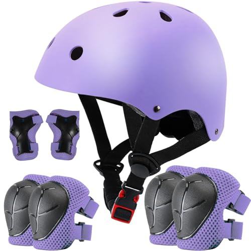 ZLEIOUY Kids Helmet Set Skateboard Knee Pads, Adjustable Kids Bike Helmet Protective Gear Set for Girls Kids 3-14 Helmet Elbow Pads Wrist Guards for Sport Cycling Bike Roller Skating Scooter, purple