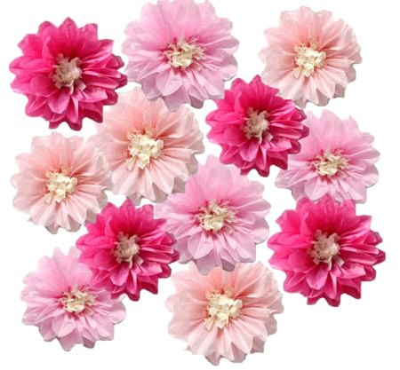 12pcs 10in 12in Paper Flowers Tissue Flowers Pom Paper Pom Poms Hanging Flowers Floral Backdrop Wedding Party Flower Decorations DIY Art Craft Blooms for Birthday Baby Shower Nursery Decor Pink