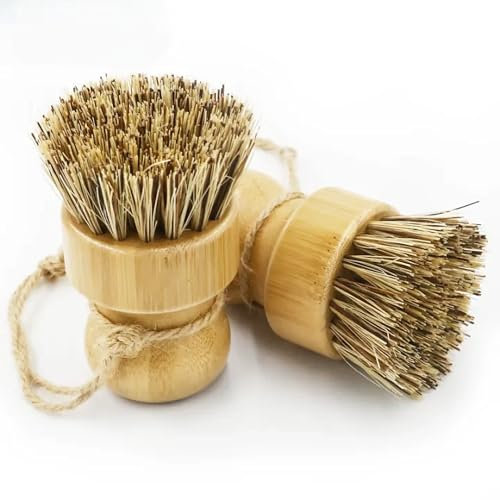 BambooFlute Organic Bamboo Dish Brush Set of 2 with Coconut Bristles and Cleaning Cloth – Eco-Friendly, Ergonomic Kitchen Cleaning Brushes