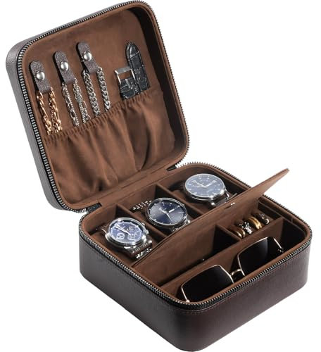 ProCase Travel Watch Case, 3 Slots PU Leather Watch Accessories Storage Case, Necklaces Rings Bracelets Zippered Organizer Bag for Man -Brown