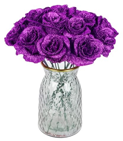 Rzoukler 30PCS Purple Glitter Roses Artificial Flowers Faux Roses with Stems for DIY Crafts Wedding Bouquet Party Home Decor(Purple)