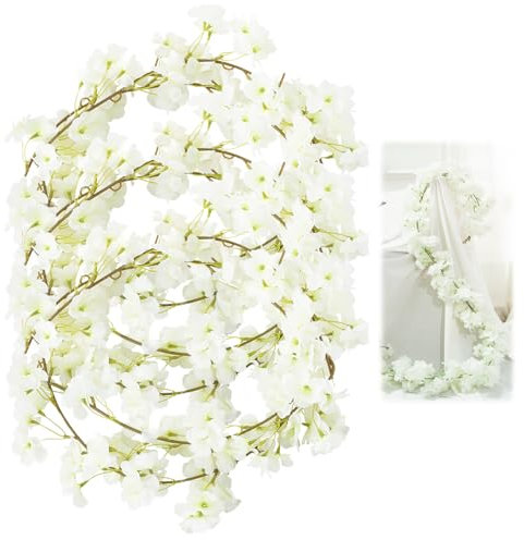 Lot de 3 Guirlande de Fleurs Artificielles Deco, 180 cm Fleur de Cerisier Artificielle, Guirlande Fleur Cerisier Facile à Suspendre, Guirlandes de Fleurs pour Mariage, Murale, Jardin, Fête (Blanc)