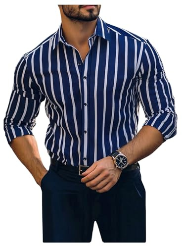 SOLY HUX Men's Dress Shirts Long Sleeve Button Down Shirt Striped Business Casual Formal Shirt Mens Clothes Dark Blue Striped Large