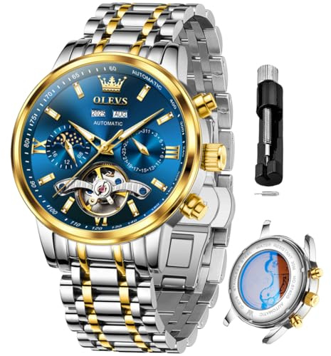 OLEVS Automatic Watches for Men Luxury Skeleton Multi-Function Mechanical Watch Self Winding Date Waterproof Luminous Blue Mens Watch