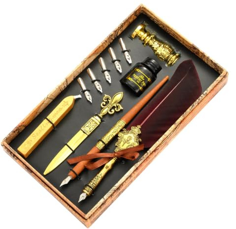 Generiskt bläckset med fjäderkalligrafipennor | Quill Pen set antik | kalligrafi dip pen med bläck | Quill innehåller dip, bläck, reservspetsar, vaxmärkpennor