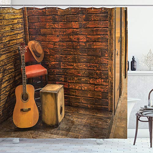 ABAKUHAUS Musik Duschvorhang, Holz Bühne Pub Cafe, Stoffliches Gewebe Badezimmerdekorationsset mit Haken, 175 x 200 cm, Dark Orange Sand Brown