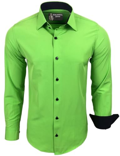 Subliminal Mode - Repassage Facile Chemise Homme Col Bicolore Uni Manches Longues Coupe Slim Business Idée Cadeau, Noël, Saint Valentin RN44,4XL,Vert