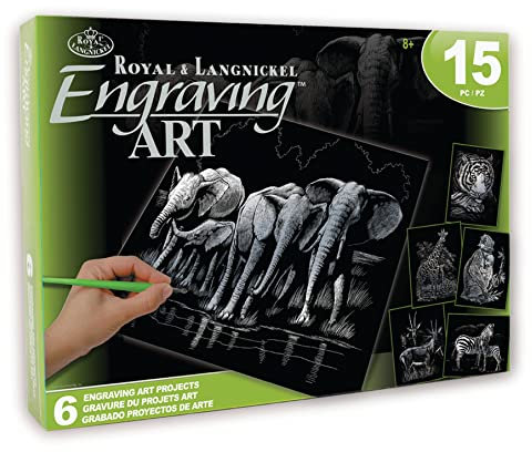 Royal & Langnickel - Kratzbilder Set Exotische Tiere, Silber, 6 Bilder, Elefant, Tiger und Co, Kratzbilder für Kinder und Erwachsene, mit 2 Kratzstiften und Vorlagen