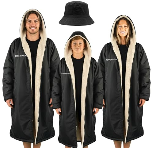 Optimum Oversized Waterproof Jacket & Changing Robe, All-Weather Unisex Sherpa-Fleece Lined Coat with Zip Pockets & Included Bucket Hat for Festivals, Beach Days, Long Dog Walks & More – L, Black