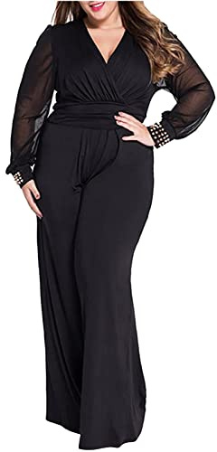 Jumpsuit festlig dam stora storlekar byxdress dam business stora storlekar overall sexig långärmad v-ringad lekdräkt elegant lång overall mesh lekdräkt sparkdräkt för bröllop fest, svart, M