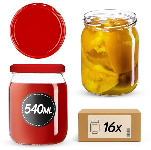 KADAX Syltburkar 540 ml, konserveringsburkar med skruvlock, glas med skruvlock, konserveringsburkar, förvaringsburkar för insättning av gurkor (16 stycken, röd)
