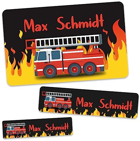 GRAVURZEILE Etiquetas Escolares Infantiles Personalizadas – Diseño de bomberos – Con Nombre – 100 Pegatinas Adhesivas en 3 Tamaños para Material Escolar Cuadernos Libros – Regalo Comienzo Colegio