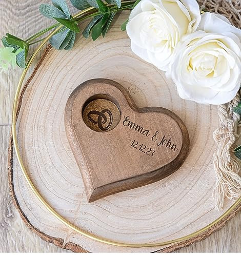 Generisch Herz Ringkissen Hochzeit Holz personalisiert, Ringbox Vintage Stil, Holzscheibe Trausringe, Ringkissen Hochzeit Standesamt Holz, Ringschatulle Hochzeit (Braun)