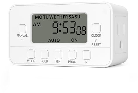 BN-LINK 7-Day Heavy Duty Digital Timer with Dual Outlet, LCD Display, 3-Prong Programmable Design, for Lights, Fans, Coffee Machine, Home, Kitchen, Office, Indoor Use, 125V 15A 1875W, 1 Pack