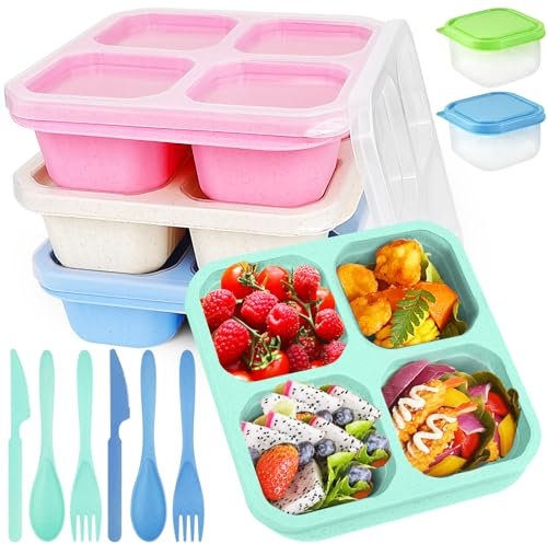 DONQL 4 Stück Snackbox mit Fächern, Snack-Behälter, Bento Box Lunchbox für Kinder, Jausenbox Auslaufsicher Bentobox Lunch Box mit Messer Gabel Löffel, 2 kleine Soßendose für Ausflüge Schule Picknick