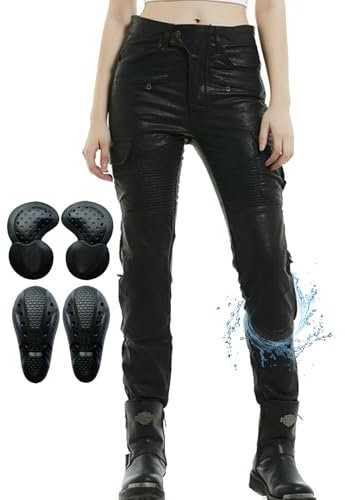 SHUOJIA Jeans de moto pour femmes, pantalon de protection de moto imperméable, enduit de PU, avec 2 paires de protections amovibles pour les hanches et les genoux, poches multiples Jean (Black-C,XL)