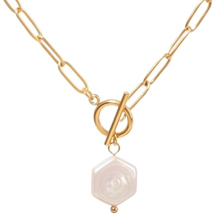 TaYolnFaSo Collar de papelera con cierre de palillo de papel dorado para mujer con perla de piedra preciosa natural y circonita cúbica. Collar de papelera con cierre de palillo de papel, joyería