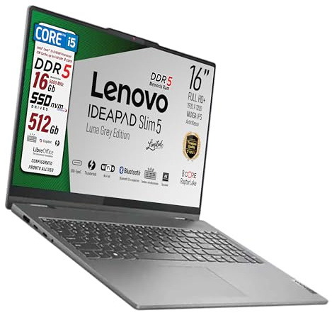 Lenovo Ideapad slim5, pc portatile Notebook, i5 13420H 13Th, DDR5 16 Gb, Display WUXGA 16 IPS FHD+, SSD da 512Gb, Wi-Fi 6, Bt, USB Thunderbolt, Tastiera retroilluminata, Pronto all'Uso