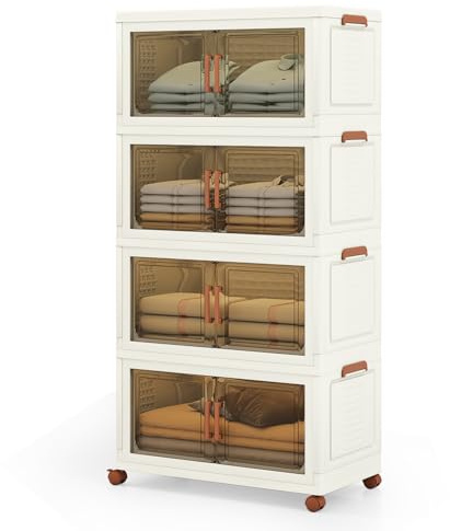 GIANTEX Contenedor de Almacenamiento de Plástico, Organizador Apilable con Tapas y Puertas, 4 Ruedas, Cajas Organizador Plegables para Salón, Dormitorio (68,5 x 37,5 x 140 cm)