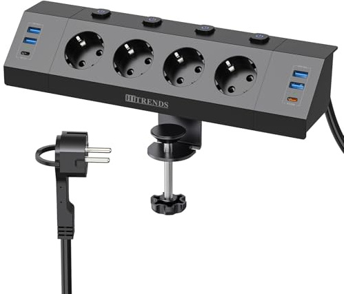 Tischsteckdose mit USB, 4 Fach Steckdosenleiste Schreibtisch mit Einzeln Schalter, 10-in-1 Ecksteckdose mit 4 USB A & 2 USB C (PD 20W) mit 3M Kabel, Überspannungsschutz Steckdose Tisch, Schwarz