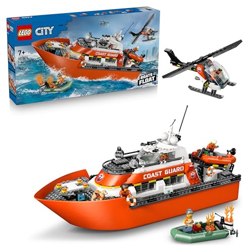 LEGO City Coast Guard Rescue Boat & Helicopter Toy - Emergency Vehicles Playset w/Model Floating Ship, 5 Minifigures & a Dog Figure - Birthday Gift for 7+ Year Old Boys - 60504