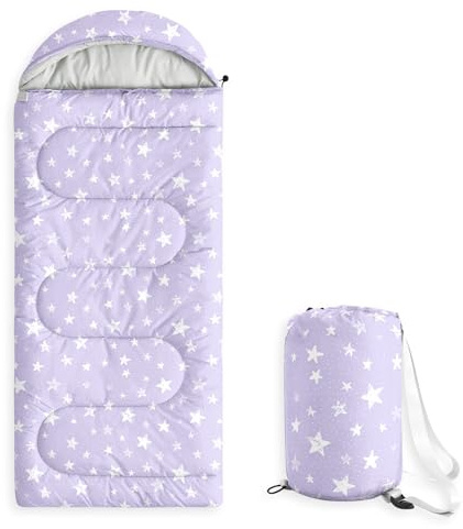 Wake In Cloud - Star Kids Sleeping Bag for Boys Girls Toddlers, Camping in Warm Cold Weather, Backpacking Lightweight Compact Outdoor Liner for 3 Seasons Summer Spring Fall, Light Purple