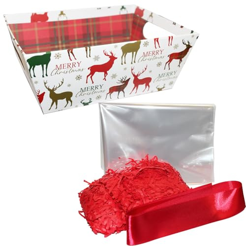 Christmas Hamper Basket Kit Gift Box Filling Cellophane Wrap and Ribbon (Stag 4780)