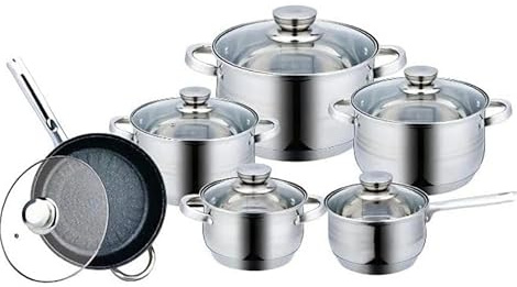 Batería de Cocina 12 Piezas Acero Inoxidable con Tapas de Vidrio, Sartén con Revestimiento de Mármol, Apta para Todo Tipo de Cocinas