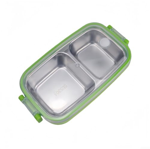 Boîte à déjeuner en acier inoxydable avec 3 compartiments, couvercles scellés en silicone anti-fuite et couvercle transparent (vert)