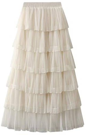 Gonna a vita alta da donna, con orlo lungo, in tulle, a vita alta, elastica, linea ad A, con volant a strati, con fodera in rete, per feste e carnevale, tutù, O beige., Taglia unica