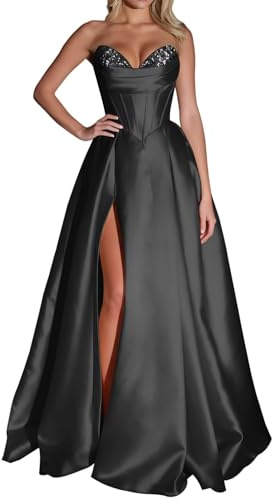 HPPEE Abito da ballo da donna in raso con fessura senza maniche senza spalline abito da ballo una linea di lunghezza del pavimento corsetto abito formale, Nero , 48