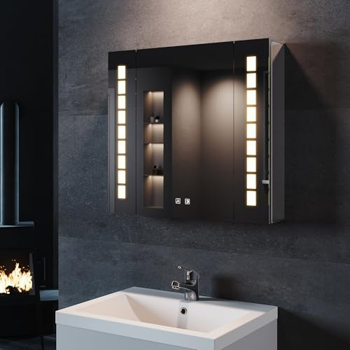 SONNI Spegelskåp badrum 60 × 65 cm dimfritt med uttag trådlös gångjärnsdesign LED spegelskåp med touch aluminium LED spegelskåp 3 justerbara ljusfärger