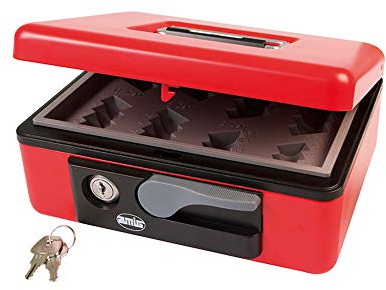 Amig - Caja de Caudales de Acero Modelo 2500 - Portamonedas Removible - Seguridad con Cerradura - Ideal para Oficina y Comercios, Rojo, 230x185x80 mm, Acero Esmaltado