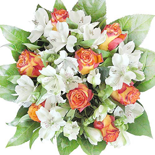 Blumenstrauß mit gelb-roten Rosen und weißen Alstromerien - Strauß inklusive Grußkarte