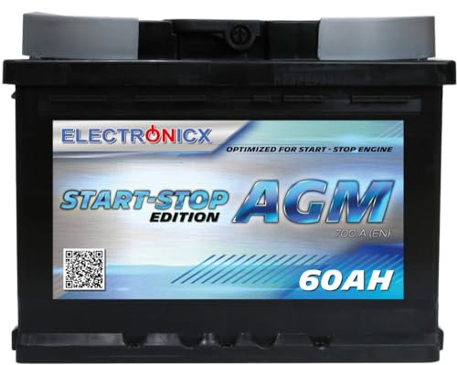 Electronicx Agm Autobatterie 60ah 12v - Wartungsfreie, Auslaufsichere Starterbatterie Für Start-stopp Fahrzeuge - Schnellladefähig Und Langlebig - 12v Agm Batterie Für Autos Und Transporter